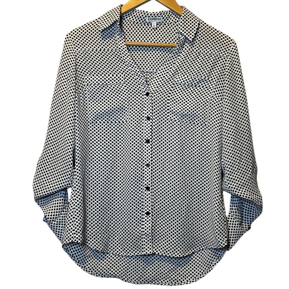 Express Tops - Express Boyfriend Button Up Shirt Women’s Small White Black Polka Dot Roll Tab
